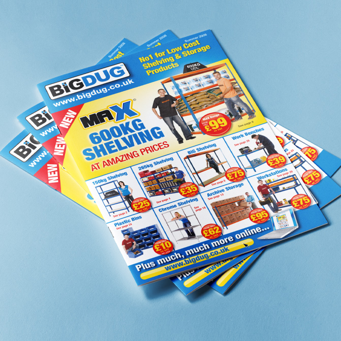 Stack of three BigDUG Business to Business Brochures showing the cover design - Business to Business Catalogue.