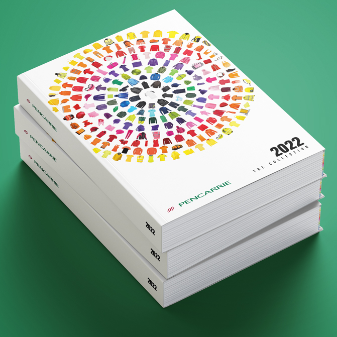 Stack of three newly printed Pencarrie Catalogues showing cover and spine design - Business to Business Catalogue.