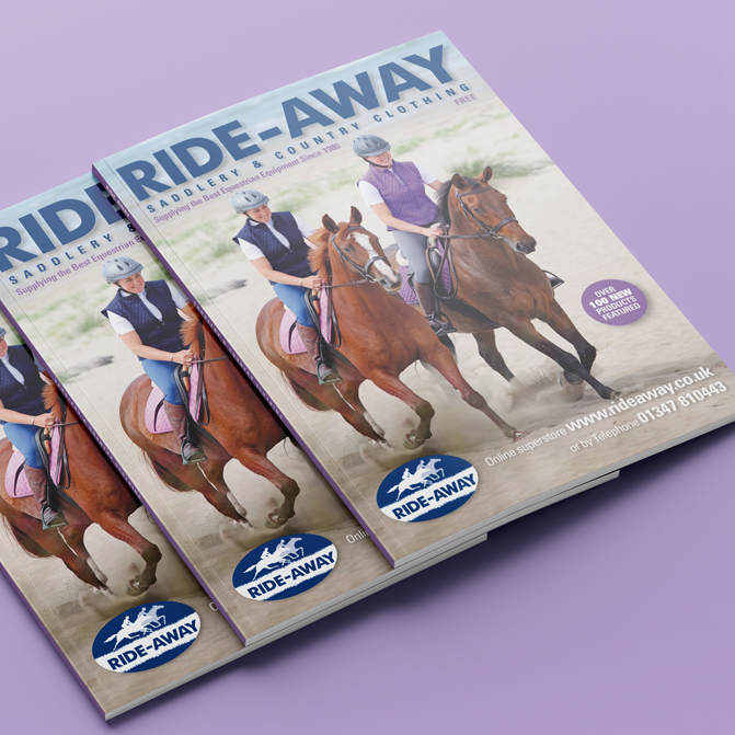 Stack of three Ride-Away Catalogues showing the cover design - Business to Consumer Catalogue.