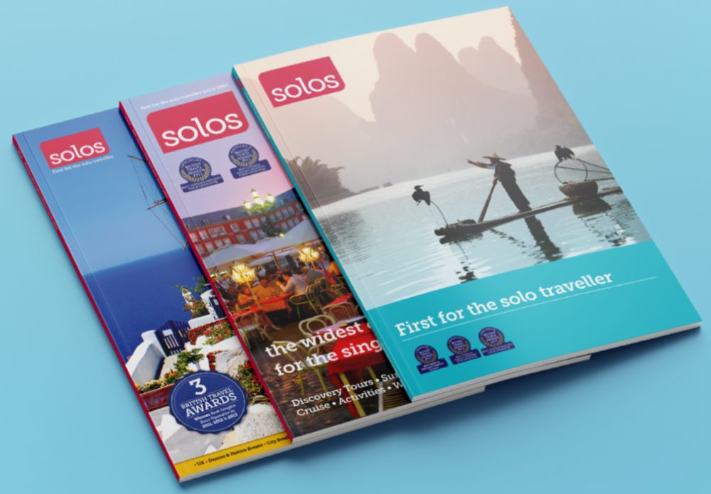 Stack of three different Solos Travels Brochures showing the cover and spine design - Travel Brochures.